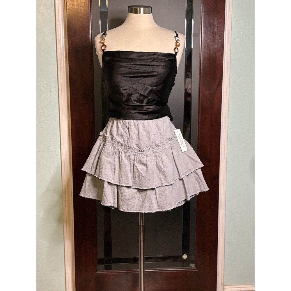 New Kirious Los Angeles Grey Blue Tiered Ruffle Raw Hem Mini Skirt Large